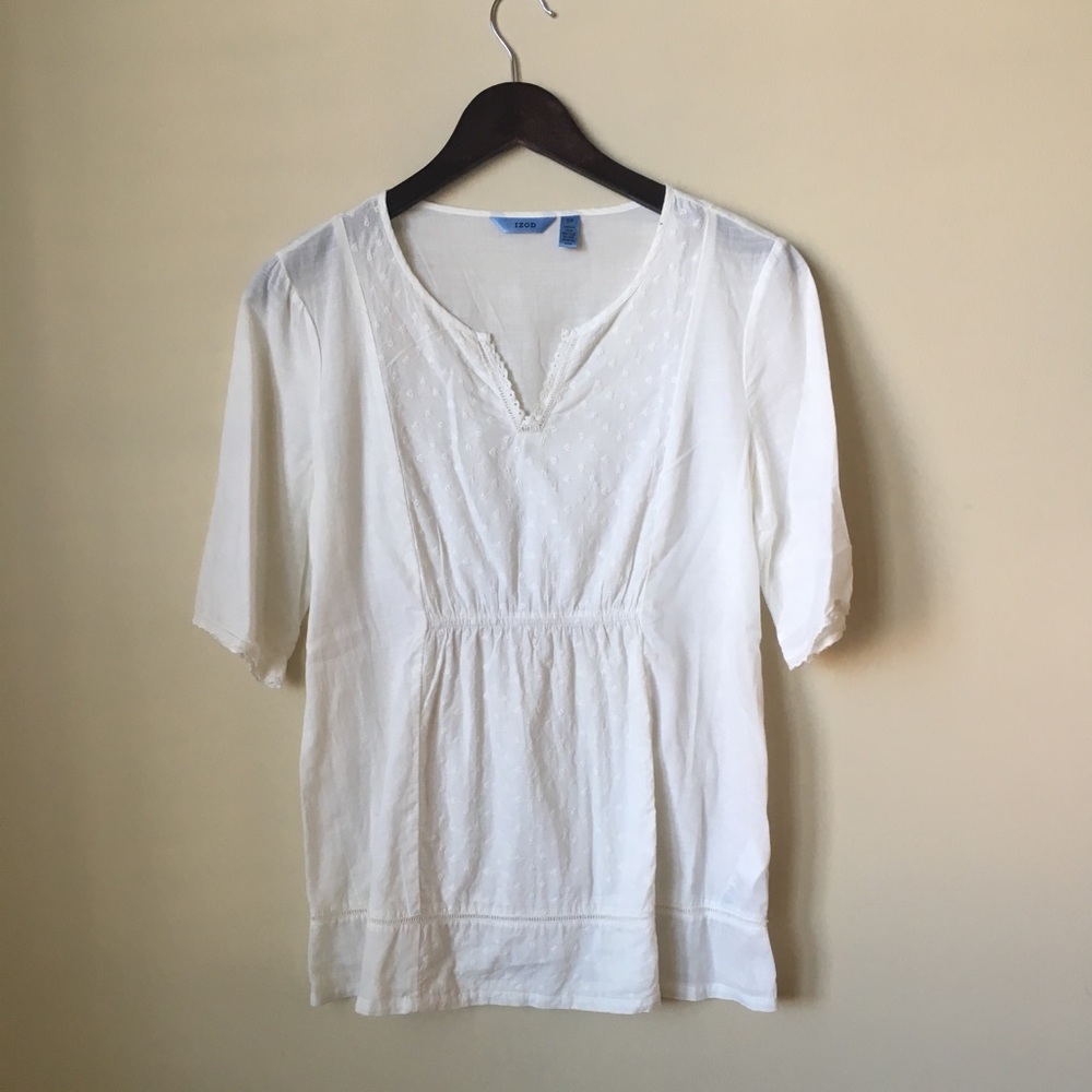 IZOD Eyelet White Cotton Blouse/Tunic Top Boho